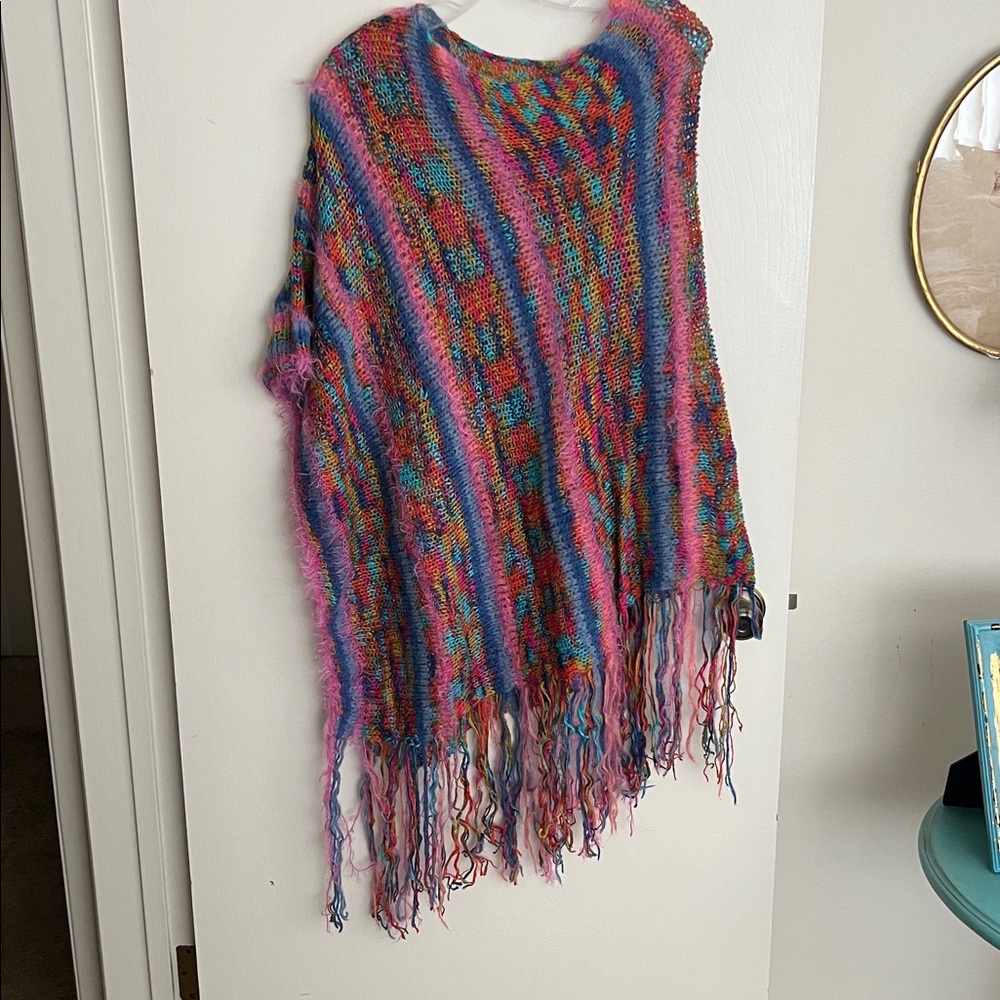 Colorful Knit Poncho with Fringe Hand knit